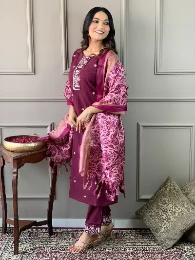 Premium Cotton Wine Salwar Suit Set With Silk Dupatta