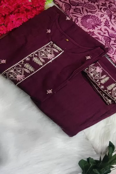 Premium Cotton Wine Salwar Suit Set With Silk Dupatta