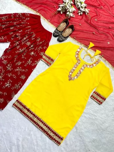 Red & Yellow Heavy Embroidered Punjabi Dhoti Salwar Suit Set