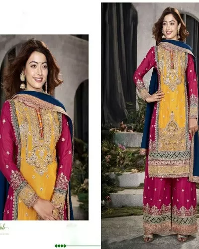 Red & Yellow Heavy Georgette Sequence Work Straight Suit Set