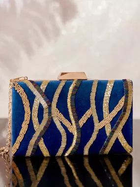 Rubans Blue Colour Box Clutch With Embroided Gold Design.