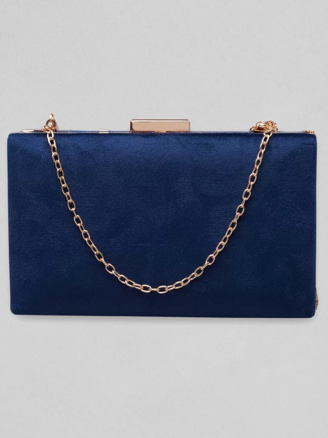 Rubans Blue Colour Box Clutch With Embroided Gold Design.