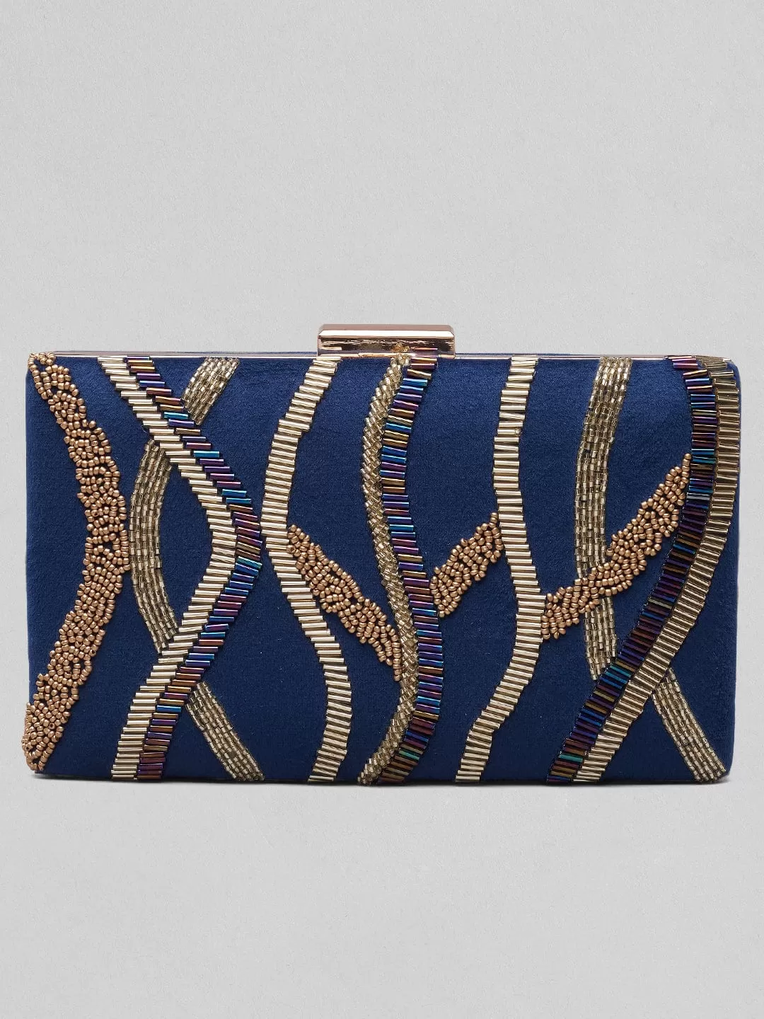 Rubans Blue Colour Box Clutch With Embroided Gold Design.