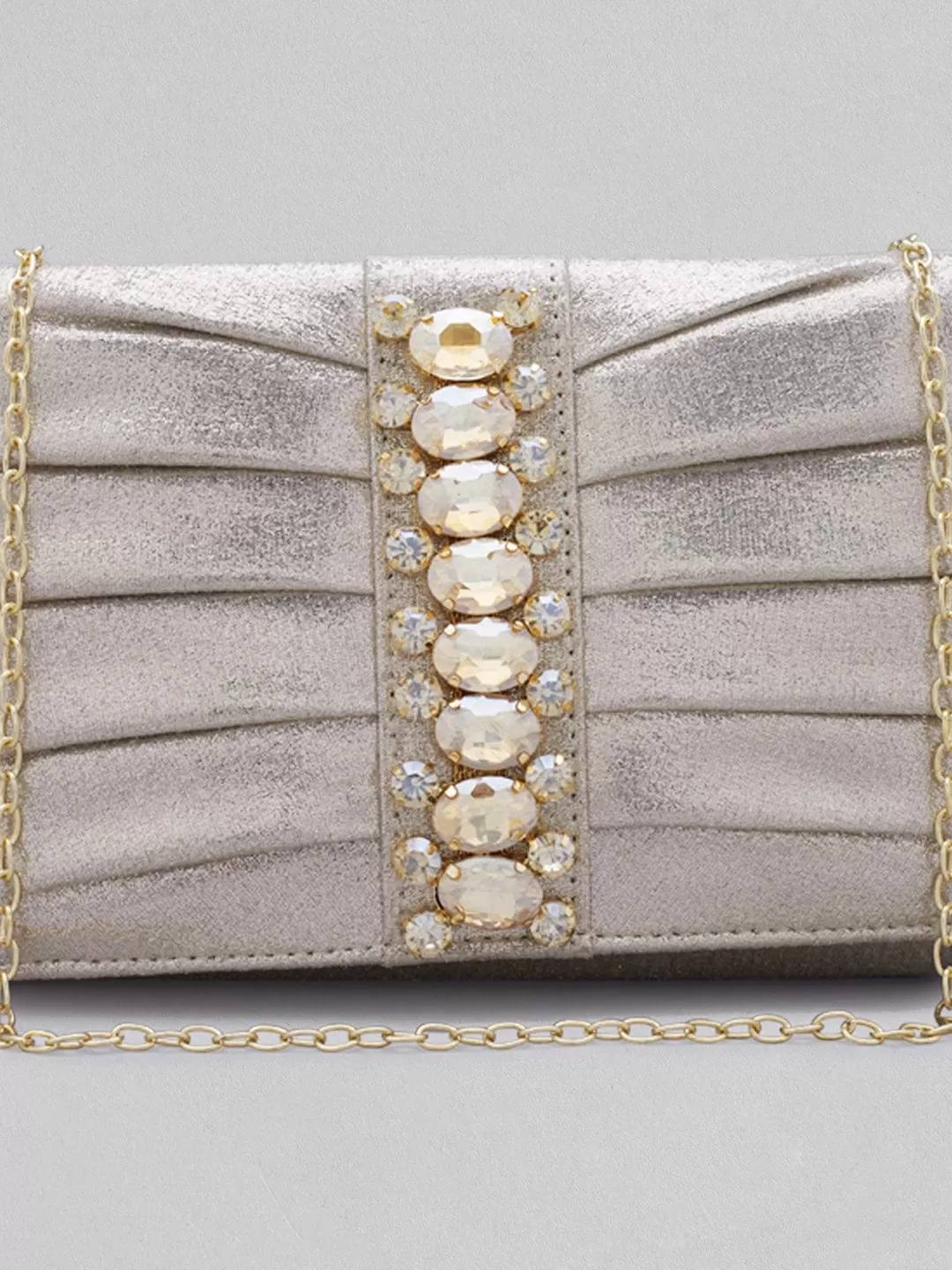 Rubans Silver Coloured Clutch Bag With Studded Stone Design