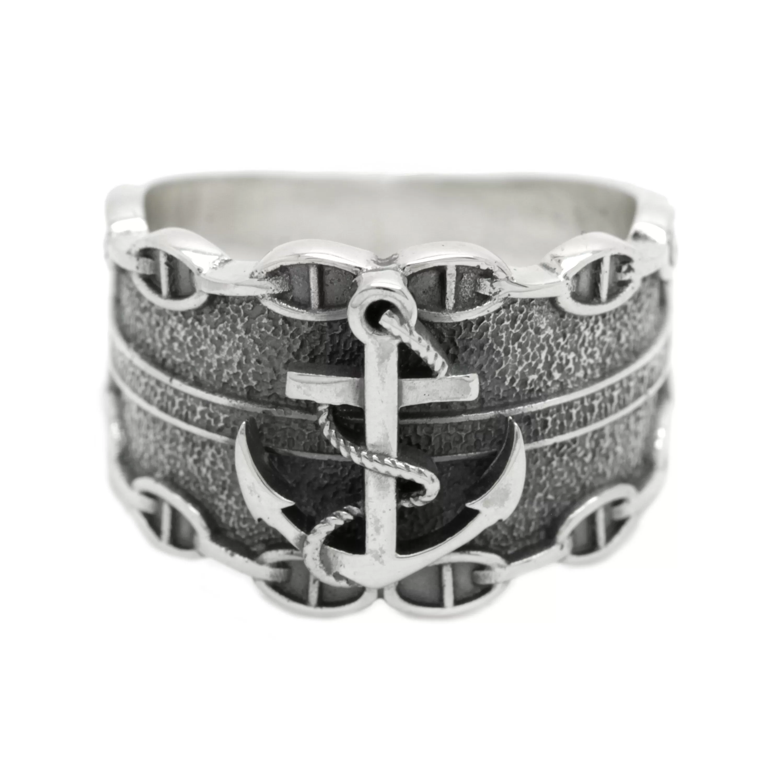 Sea Anchor and Chain Men's Sterling Silver Ring