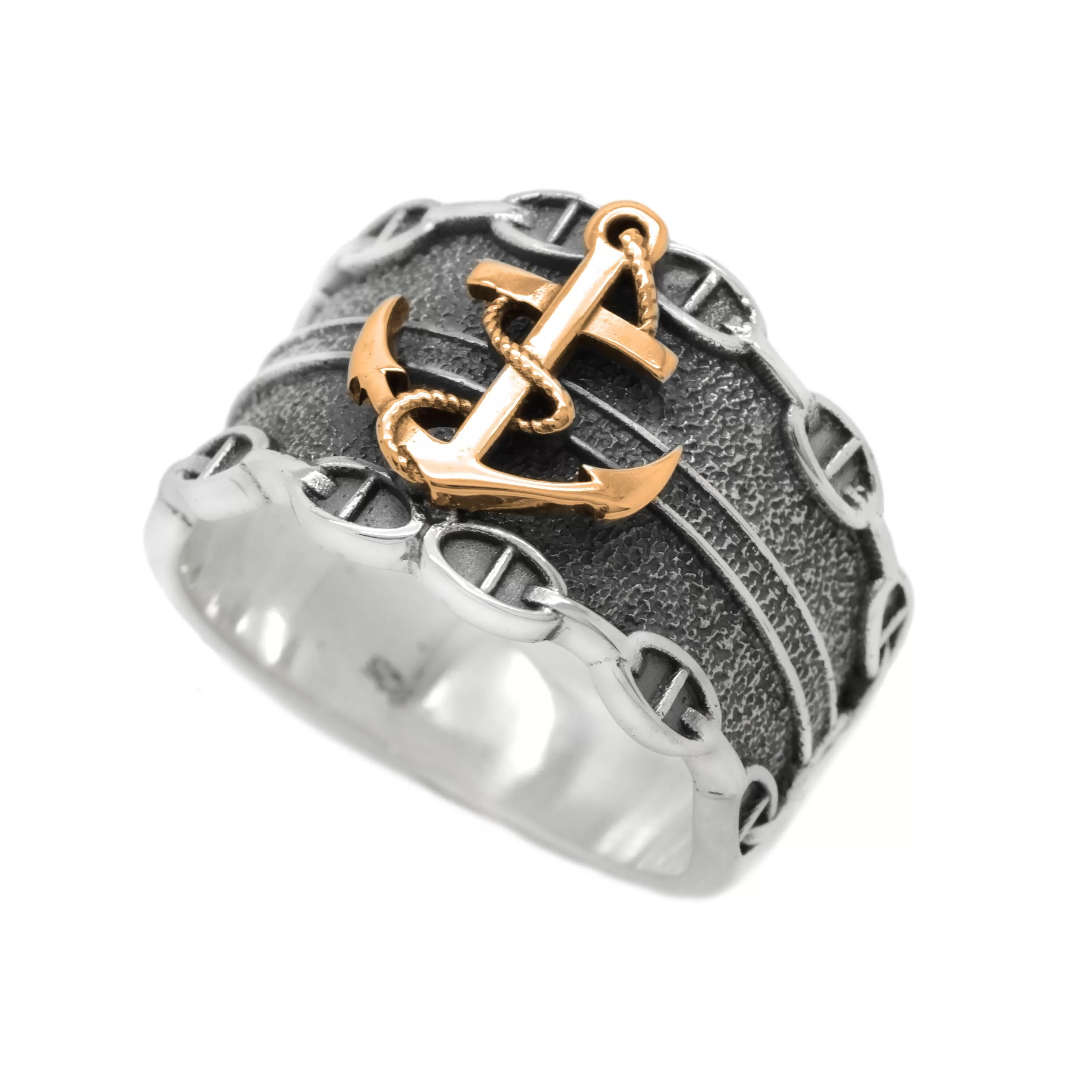 Sea Anchor and Chain Men's Sterling Silver Ring