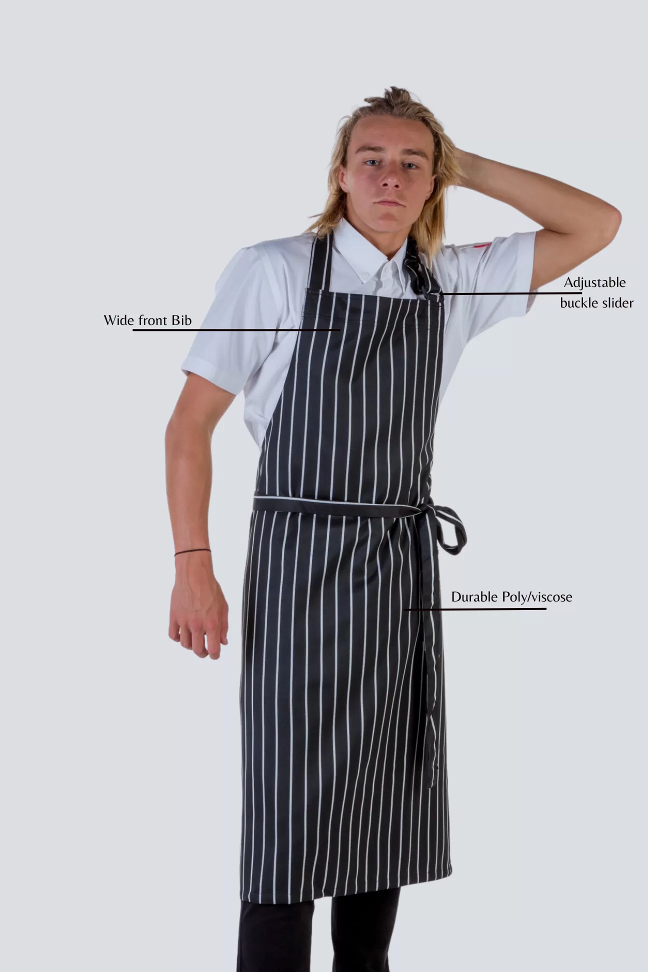 Sidney striped black/white bib Chef Apron Large size no pocket