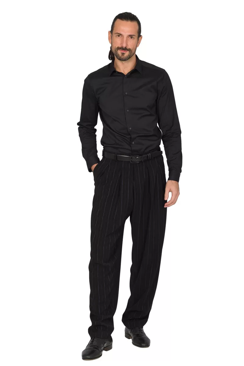 Tapered Black Striped Tango Pants With Two Inverted Pleats