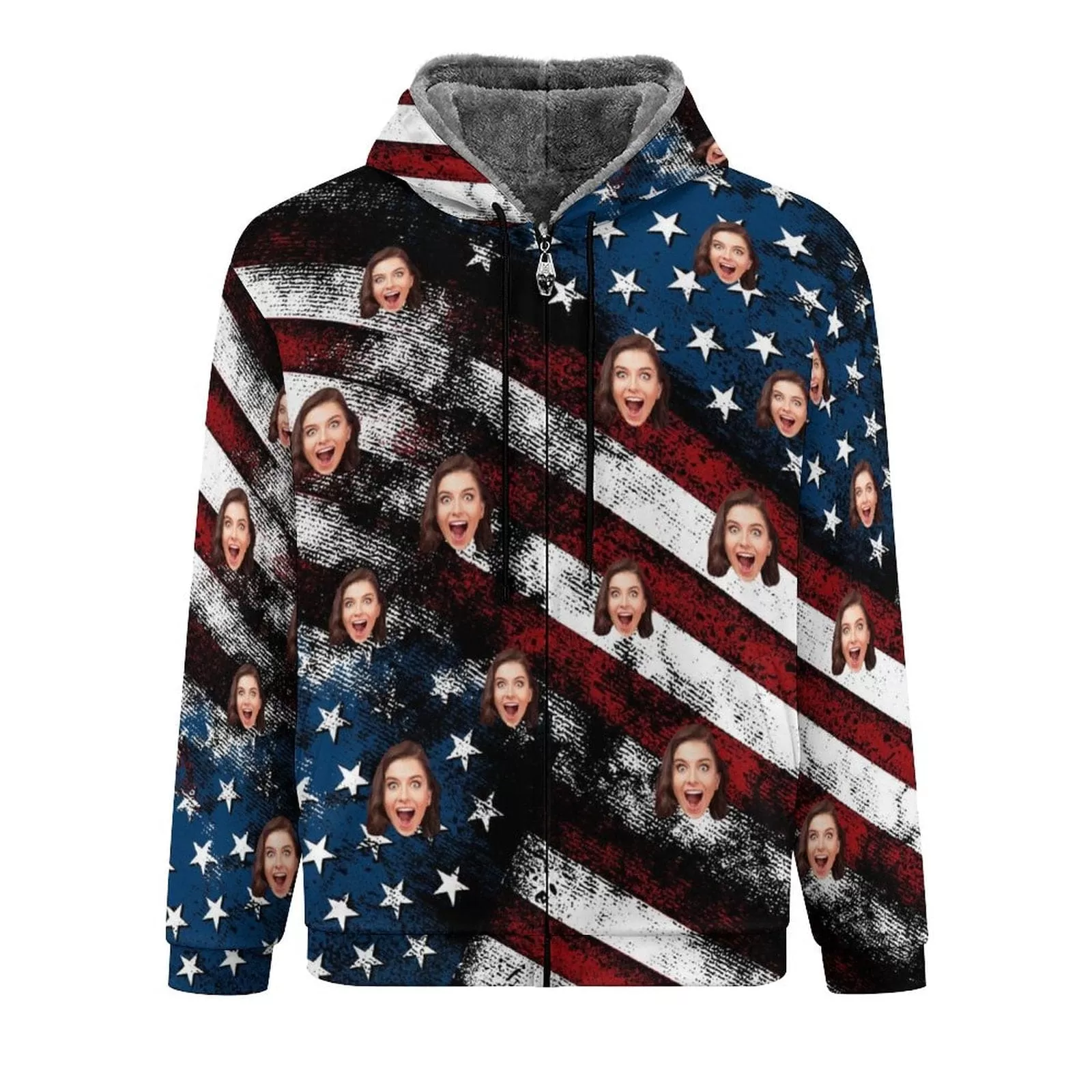 [Thick and Warm]Custom Face American Flag Full Zip Hoodie Double Layer Fleece Thickened Jacket