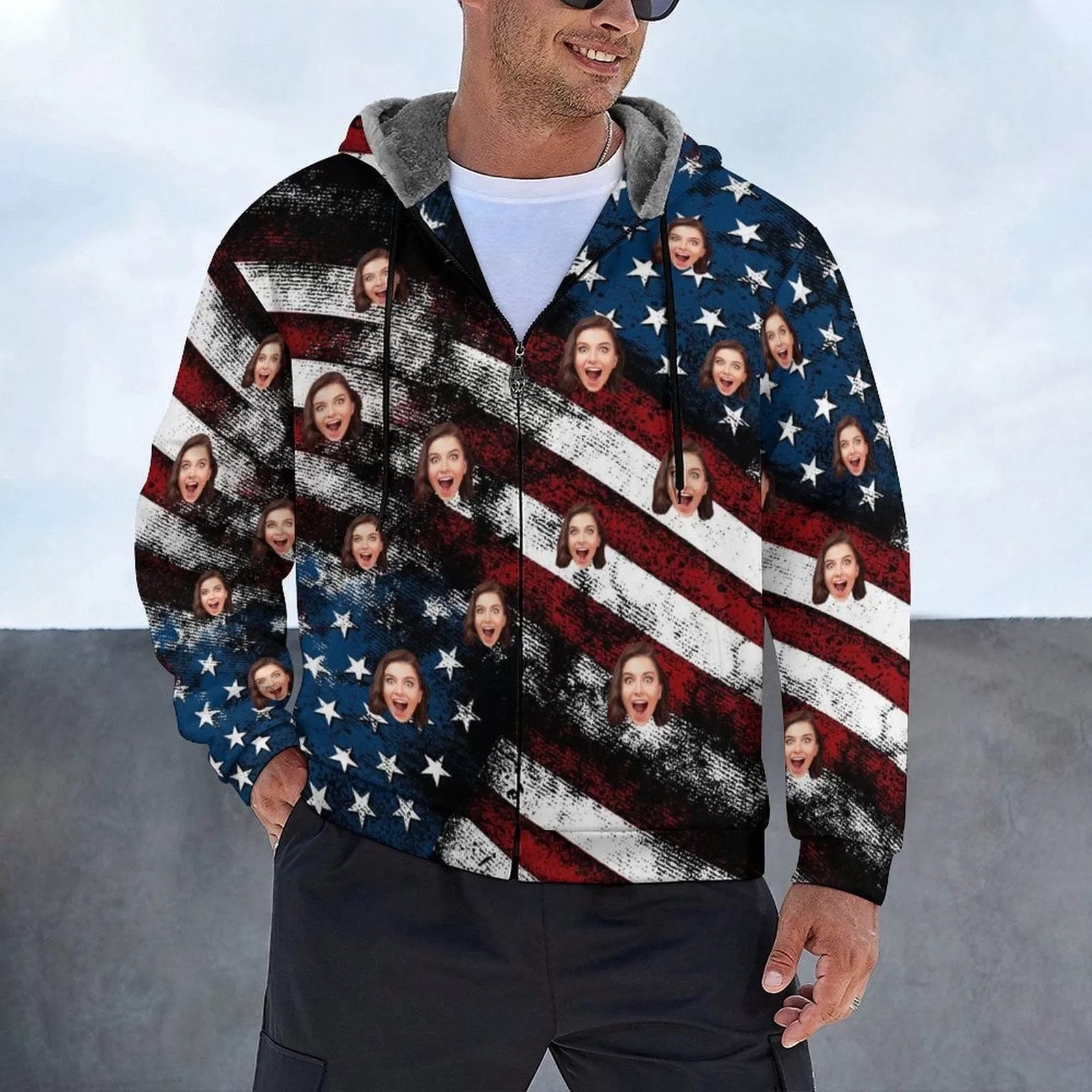 [Thick and Warm]Custom Face American Flag Full Zip Hoodie Double Layer Fleece Thickened Jacket