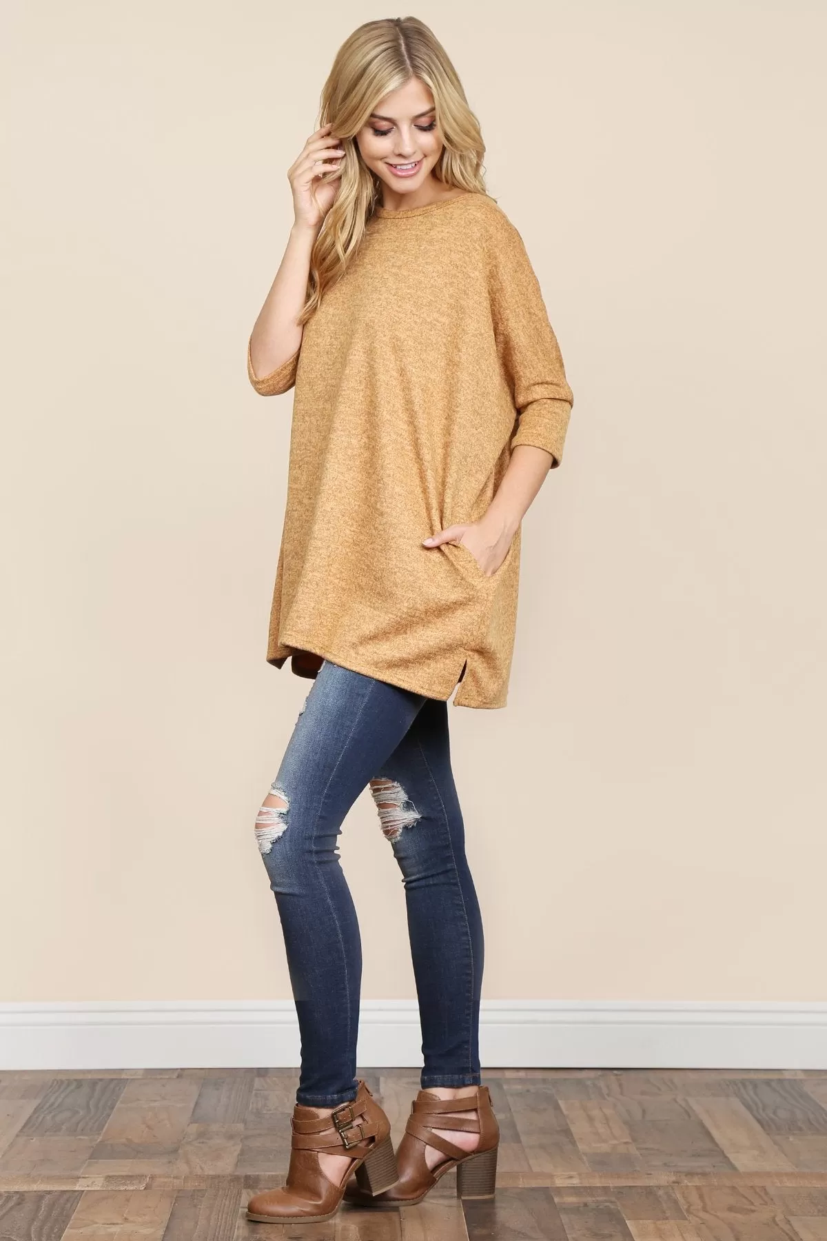 Two Tone Hacci Oversized Dropped Shoulder Pocket Tunic