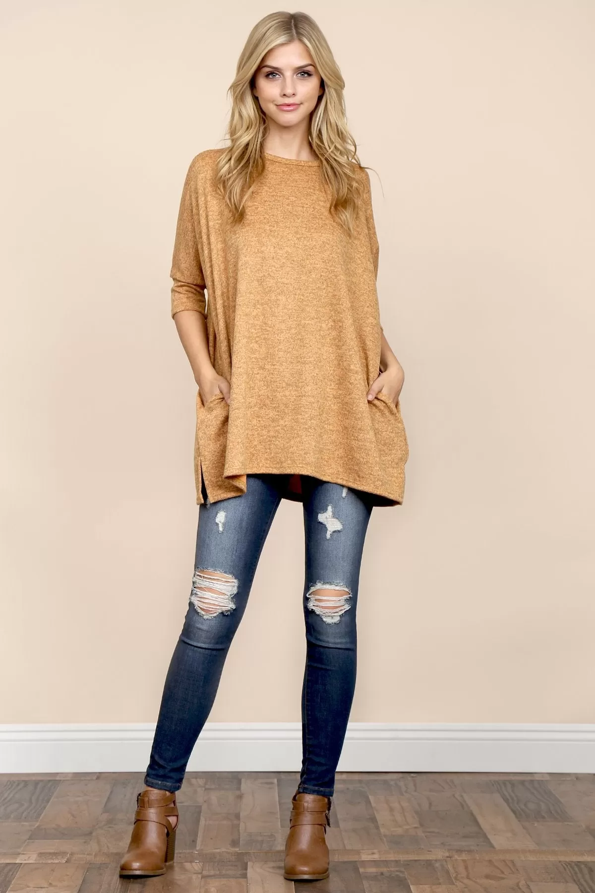 Two Tone Hacci Oversized Dropped Shoulder Pocket Tunic