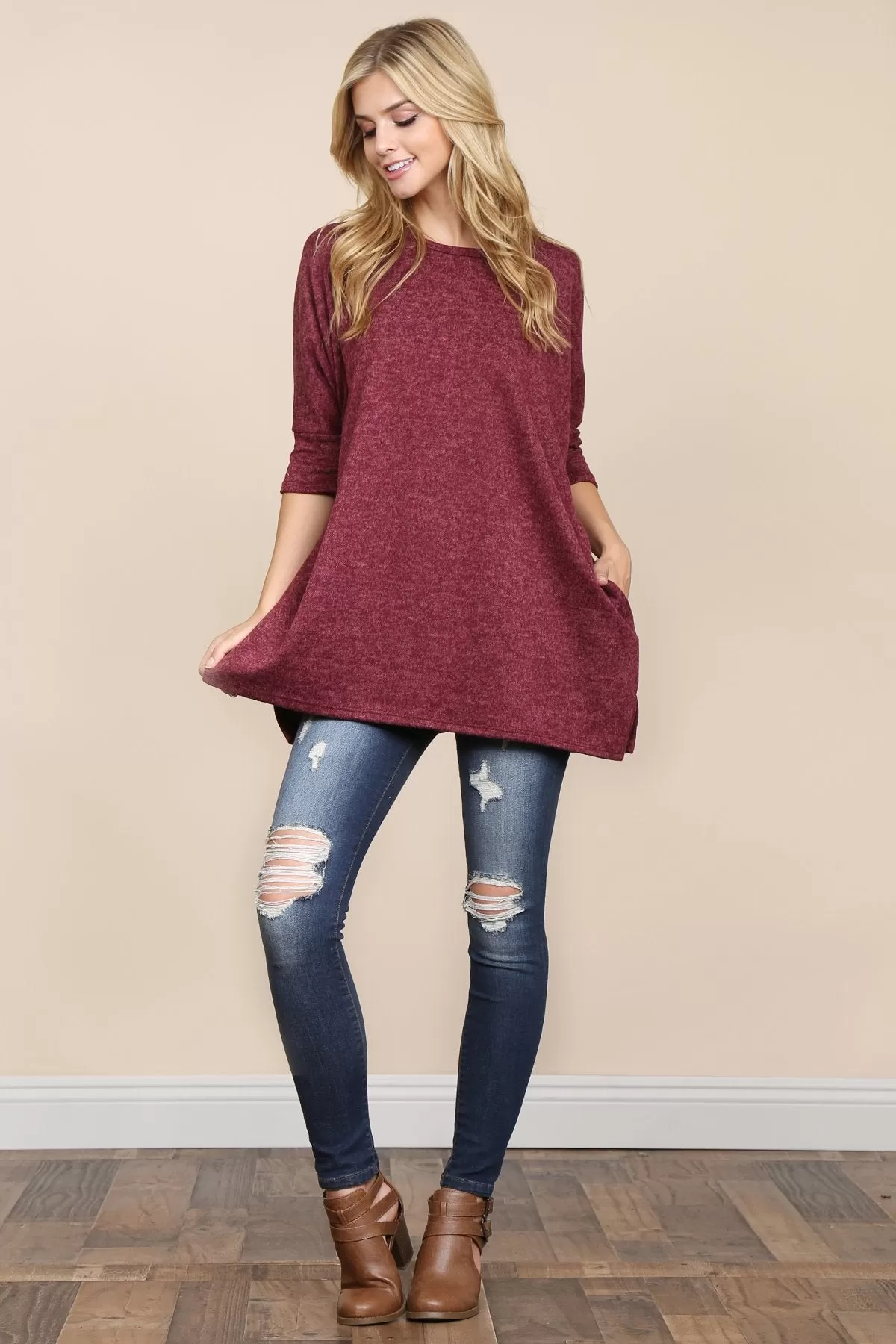 Two Tone Hacci Oversized Dropped Shoulder Pocket Tunic