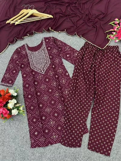 Wine Foil Print Premium Rayon Salwar Suit Set