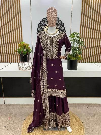 Wine Heavy Chinon Silk Embroidered Sharara Suit Set