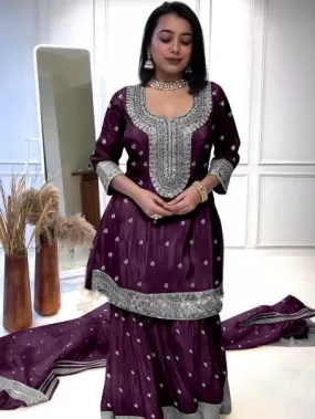 Wine Heavy Chinon Silk Embroidered Sharara Suit Set