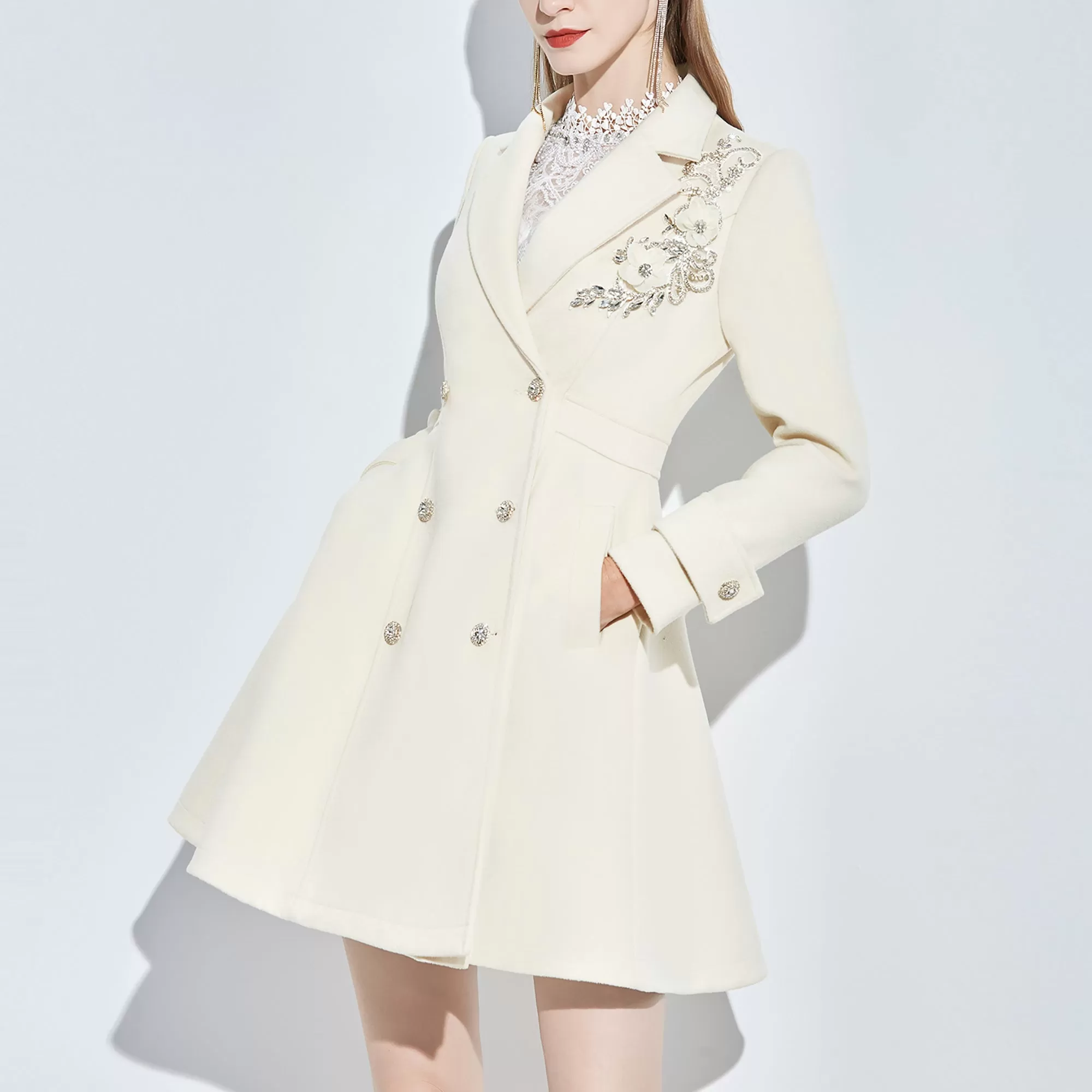 Women Beige Beads Long Wool Coat,Double Breasted Wool Overcoat