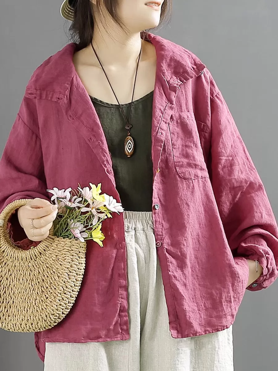 Women Casual Spring Solid Linen Shirt