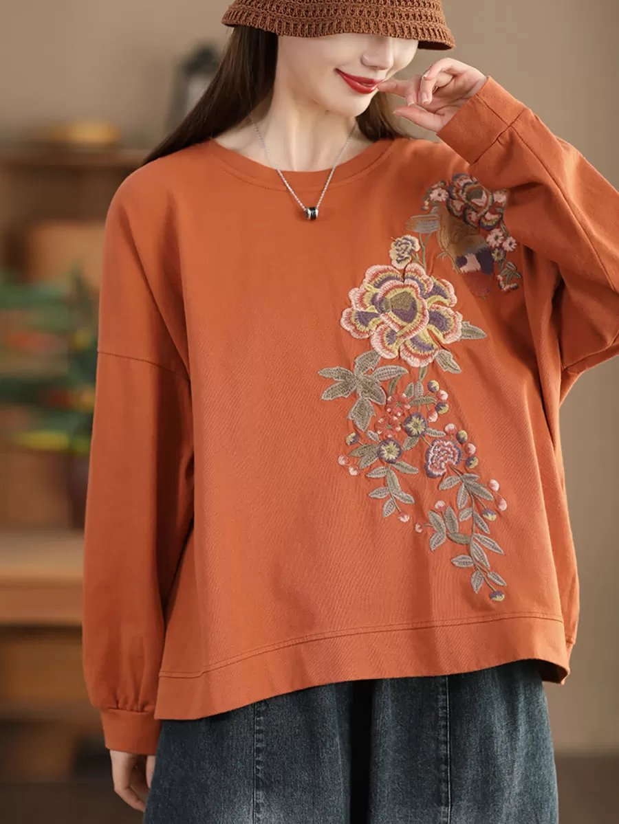 Women Vintage Spring Flower Embroidery O-Neck Shirt